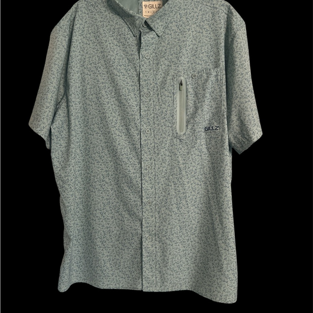 Gillz Shirt Mens XL Blue Fish Print Short Sleeve Button Up Zip Pocket Fishing